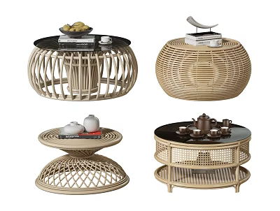 Natural Rattan Tea Tables With Round Shape Layered Design And Tea Sets Books 3d model