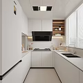 Modern Kitchen Interior Design With White Cabinets Black Range Hood And Window Blinds
