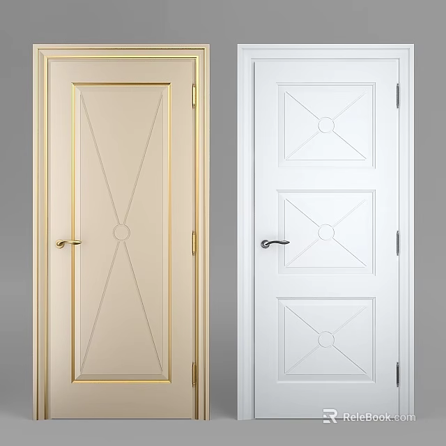 Beige And White Swing Doors With Gold Frame And Geometric Pattern Design For Home Interior 3d model 