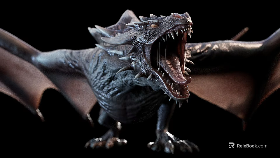 Dynamic Dragon Sculpture with Open Mouth Spread Wings Sharp Spikes And Detailed Texture 3d model 