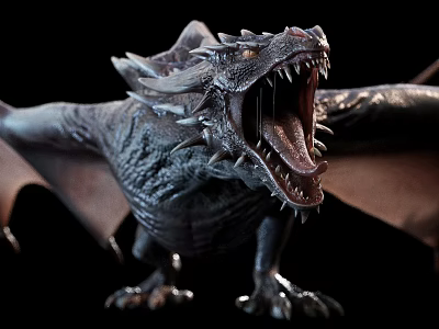 Dynamic Dragon Sculpture with Open Mouth Spread Wings Sharp Spikes And Detailed Texture 3d model