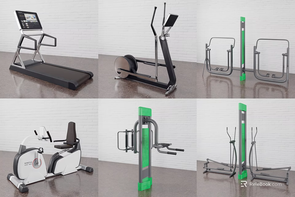 Fitness Sports Equipment Collection With Treadmill Elliptical Trainer And Strength Machines 3d model 