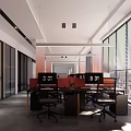 Modern Public Office Space With Large Windows Blinds Orange Chairs White Desks And Black Computers