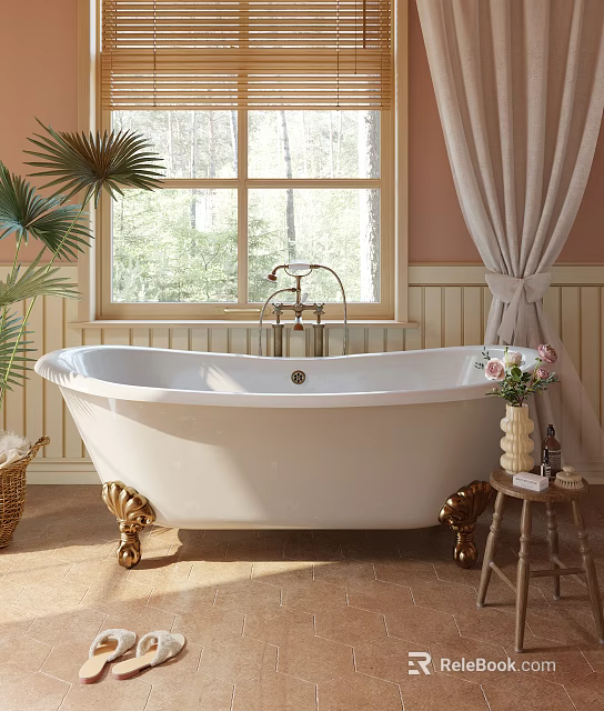 Elegant Vintage Freestanding Bathtub In Bright Bathroom With Natural Light 3d model 