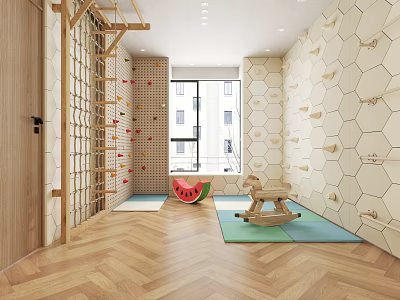Playroom Interior With Climbing Walls Rocking Horse And Hexagonal Decor 3d model
