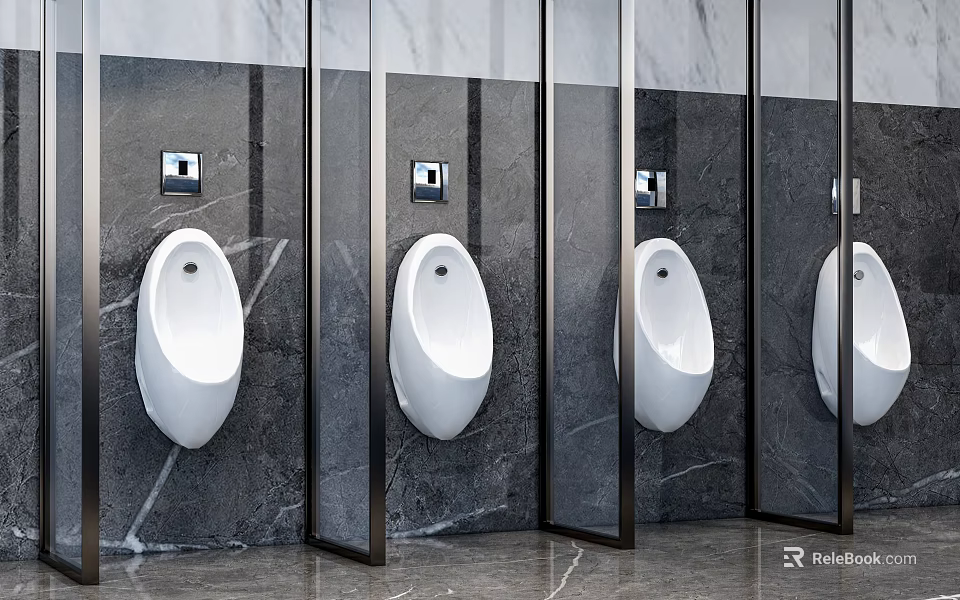 Modern Public Toilet Interior With White Urinals Marble Walls And Stalls 3d model 