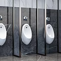 Modern Public Toilet Interior With White Urinals Marble Walls And Stalls
