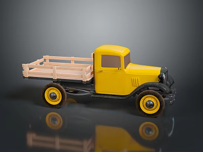 Yellow Truck Model With Wooden Cargo Bed Black Front Yellow Rims Gray Background And Reflection 3d model