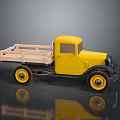 Yellow Truck Model With Wooden Cargo Bed Black Front Yellow Rims Gray Background And Reflection