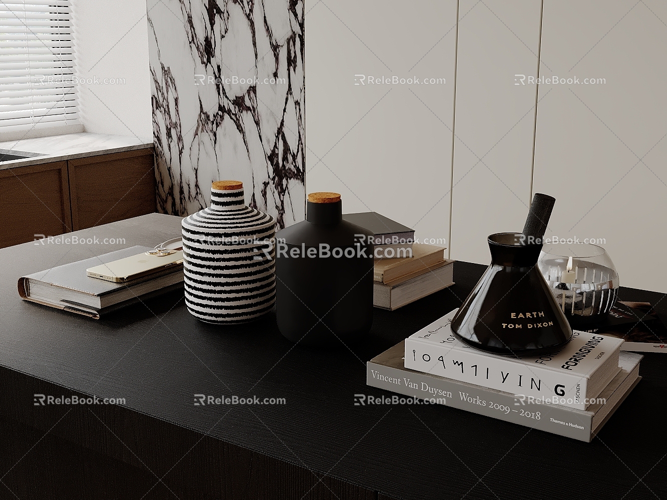 Modern Table Ornaments Books Pottery Pot Mortar Candle 3d model