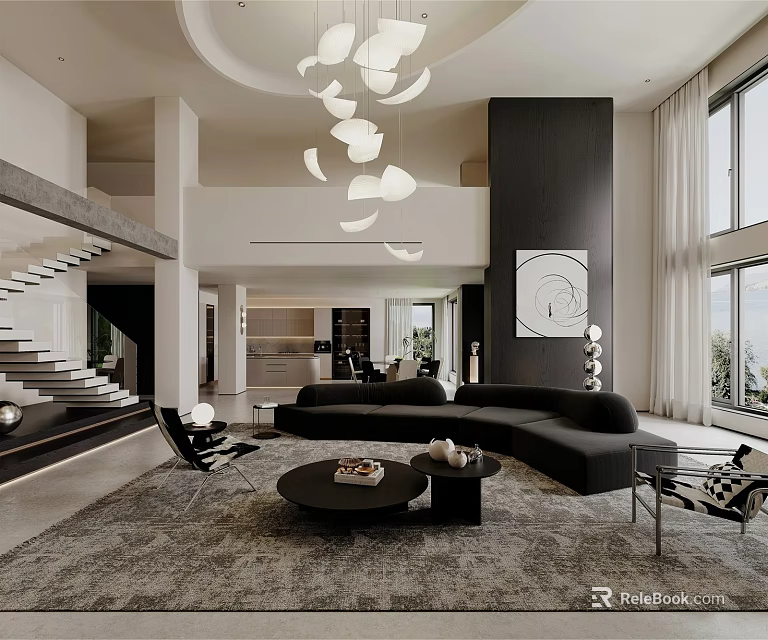 Modern Living Room Interior With Black L shaped Sofa Round Coffee Table And Abstract Painting 3d model 