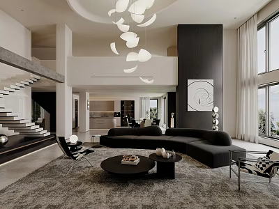 Modern Living Room Interior With Black L shaped Sofa Round Coffee Table And Abstract Painting 3d model