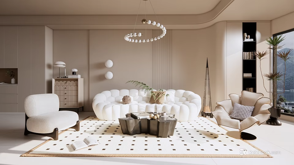 Modern Beige Living Room Interior With Circular Sofa Coffee Table Spherical Chandelier And Geometric Rug 3d model 