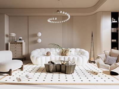 Modern Beige Living Room Interior With Circular Sofa Coffee Table Spherical Chandelier And Geometric Rug 3d model