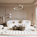 Modern Beige Living Room Interior With Circular Sofa Coffee Table Spherical Chandelier And Geometric Rug