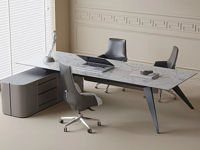 Modern Workspace Featuring Marble Top Table And Gray Office Chairs 3d model