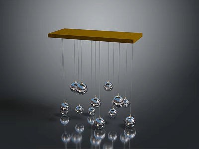 Elegant Yellow Shelf With Hanging Silver Spheres Of Various Sizes And Ground Reflections 3d model