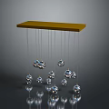Elegant Yellow Shelf With Hanging Silver Spheres Of Various Sizes And Ground Reflections