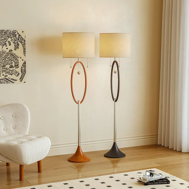 Modern Floor Lamps With Beige Shades Brown Black Bases Metal Stems White Chair Wooden Floor 3d model 