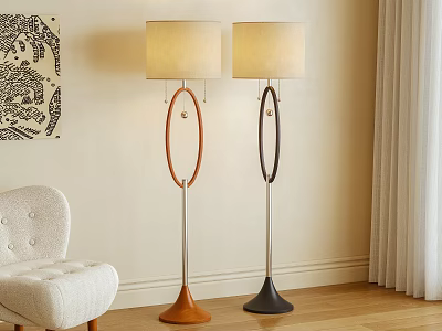 Modern Floor Lamps With Beige Shades Brown Black Bases Metal Stems White Chair Wooden Floor 3d model