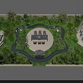 Aerial View Planning of Garden with Central Circular Patio Lush Greenery Winding Paths and Water Fountain