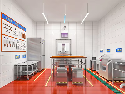 Commercial Kitchen Interior With White Tile Walls Red Floor Stainless Steel Worktables And Hanging Lights 3d model