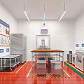Commercial Kitchen Interior With White Tile Walls Red Floor Stainless Steel Worktables And Hanging Lights