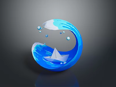 Blue Wave Themed Decorative Furniture Piece With Paper Boat And Water Droplets 3d model