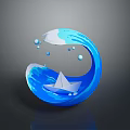 Blue Wave Themed Decorative Furniture Piece With Paper Boat And Water Droplets