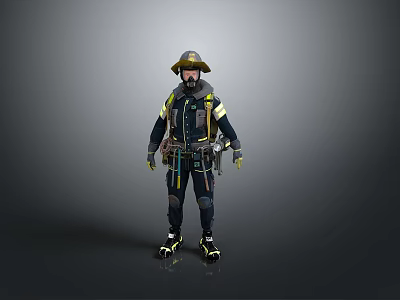 Firefighter In Full Protective Gear With Helmet And Safety Equipment Standing 3d model