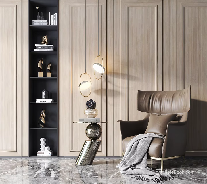 Elegant Modern Leather Accent Chair With Gold Accents Pillow And Wooden Wall Background 3d model 