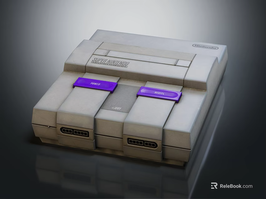 Retro Super Nintendo Entertainment Console With Gray Design Purple Buttons And Controller Ports 3d model 