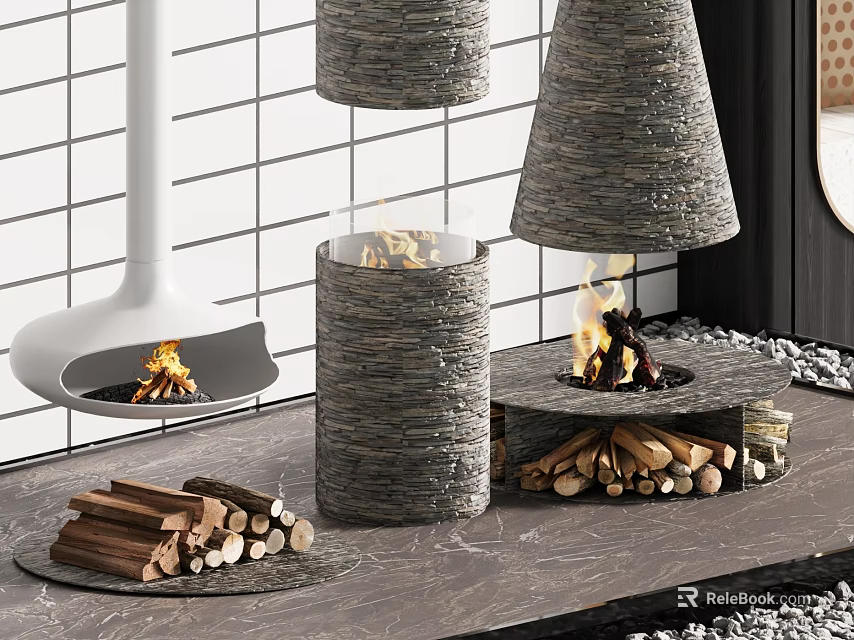 Gray Stone Fireplaces With Burning Flames Stacked Firewood And Marble Countertop On White Tile Background 3d model 
