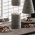 Gray Stone Fireplaces With Burning Flames Stacked Firewood And Marble Countertop On White Tile Background