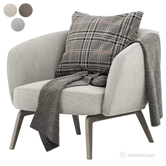 Cozy Modern Light Gray Upholstered Single Sofa With Plaid Cushion And Draped Blanket 3d model 