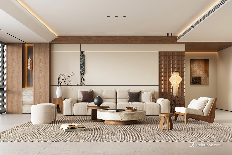 Modern Living Room Interior With Light Sofa Round Coffee Table Wooden Wall And Neutral Carpet 3d model 