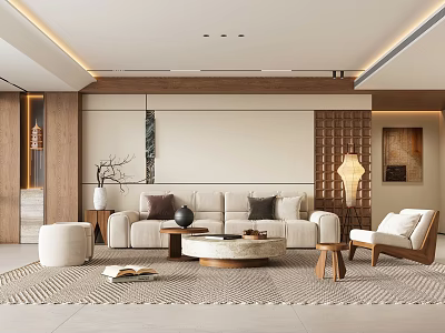 Modern Living Room Interior With Light Sofa Round Coffee Table Wooden Wall And Neutral Carpet 3d model