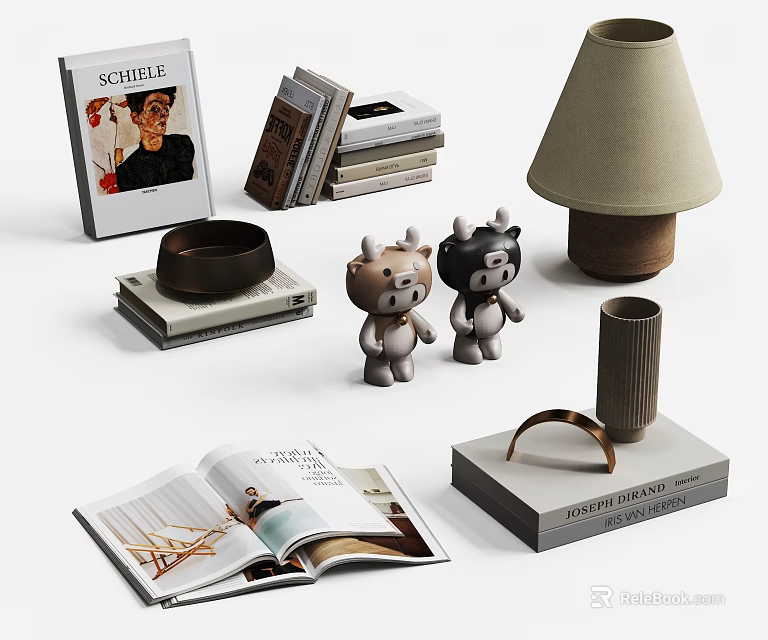 Elegant Decorative Ornaments Set With Stacked Books Bear Figurines Table Lamp And Open Magazine For Home Decor 3d model 
