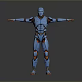 Standing Blue Robot Character With Orange Accents Armor And Reflective Floor