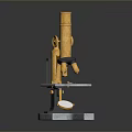 Vintage Golden Microscope With Silver Base On Dark Reflective Surface
