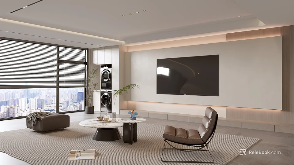 Modern Living Room With Large Screen TV Brown Leather Chair And Round Coffee Table 3d model 