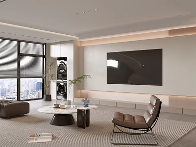 Modern Living Room With Large Screen TV Brown Leather Chair And Round Coffee Table 3d model