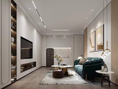 Modern Minimalist Living Room With Velvet Sofa Built In TV And Cozy Ambient Lighting 3d model