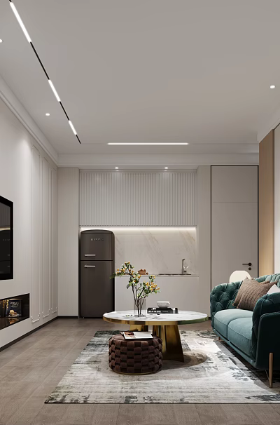 Modern Minimalist Living Room With Velvet Sofa Built In TV And Cozy Ambient Lighting 3d model