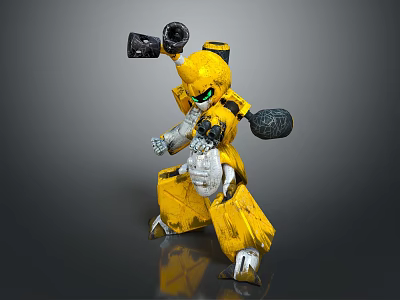Yellow Robot Character With Green Eyes And Mechanical Arms Holding Weapons 3d model