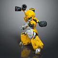 Yellow Robot Character With Green Eyes And Mechanical Arms Holding Weapons