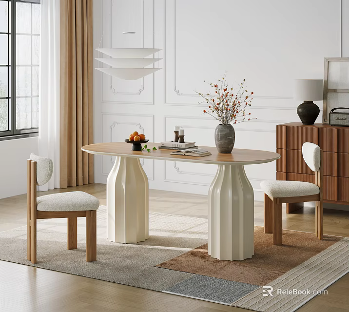 Oval Dining Table Set with Two Chairs White Fluted Legs Vase Flowers Fruits And Books 3d model 