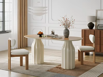 Oval Dining Table Set with Two Chairs White Fluted Legs Vase Flowers Fruits And Books 3d model