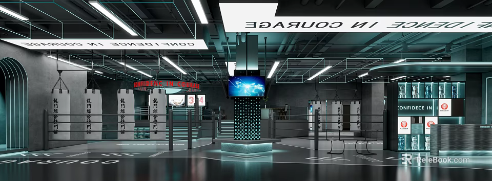 Contemporary Sports Fitness Gym Featuring Boxing Ring LED Screen And Training Gear 3d model 