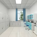 Spacious Hospital Ward Interior With Blue Curtains White Beds And Medical Equipment